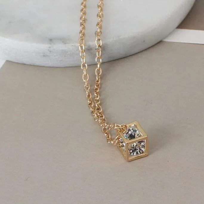 14K Gold Love Cube Three-Dimensional Diamond Shape Necklace Cz Pendant