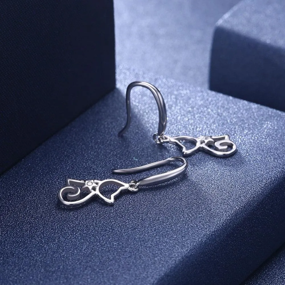 925 Sterling Silver Cat Drop Earrings