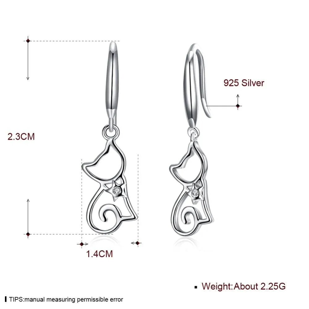 925 Sterling Silver Cat Drop Earrings