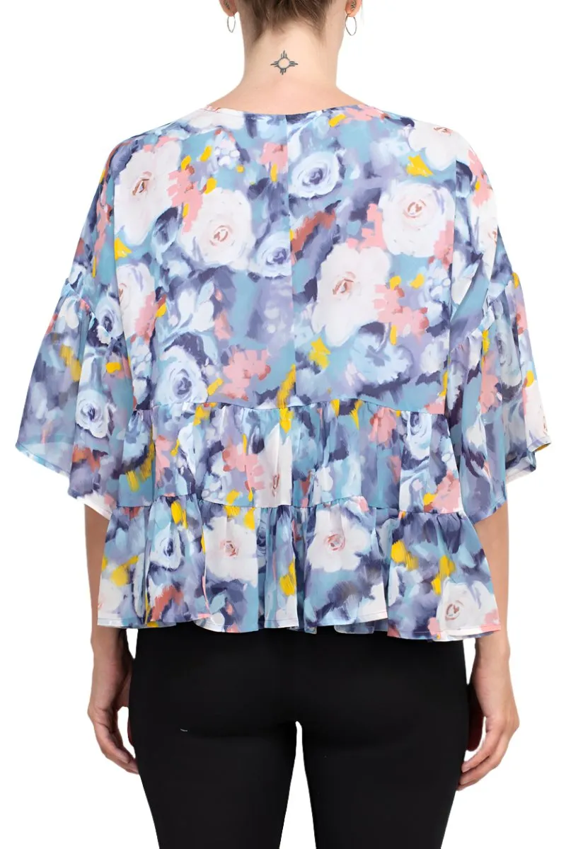 Adyson Parker Crew Neck Tie Neck Keyhole Front Flounce Sleeve Chiffon Top