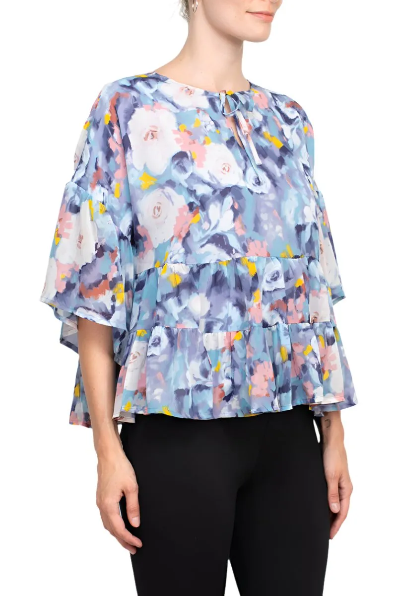 Adyson Parker Crew Neck Tie Neck Keyhole Front Flounce Sleeve Chiffon Top