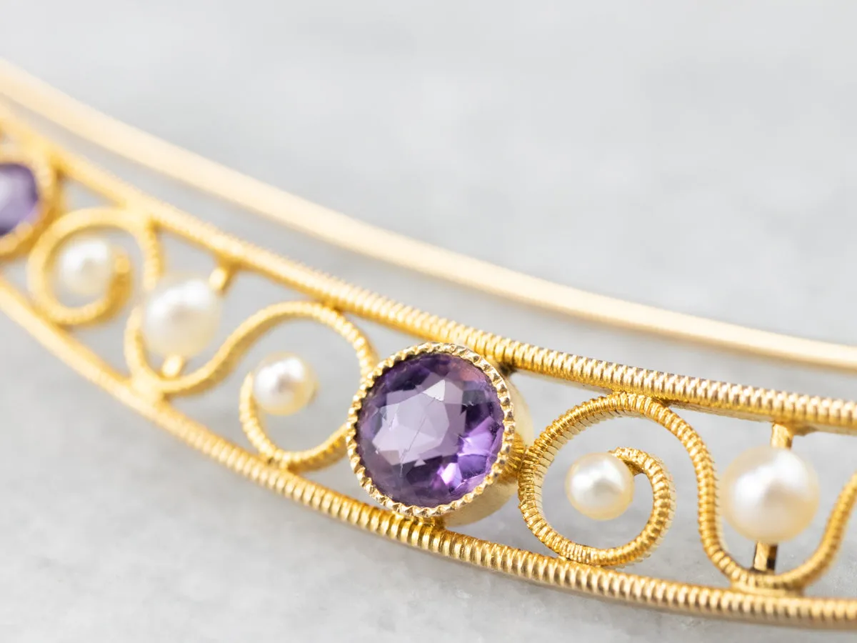 Amethyst and Pearl Crescent Moon Brooch