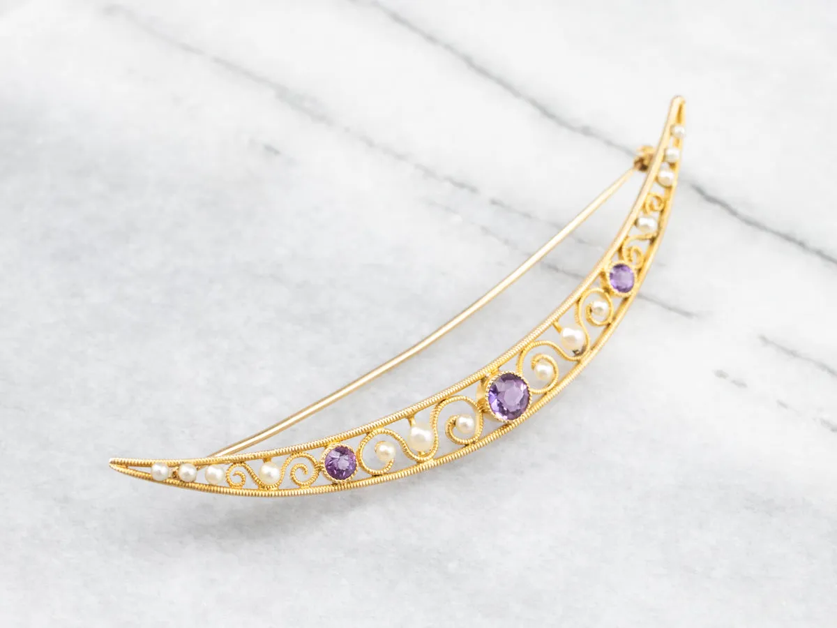 Amethyst and Pearl Crescent Moon Brooch