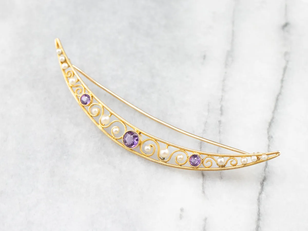 Amethyst and Pearl Crescent Moon Brooch