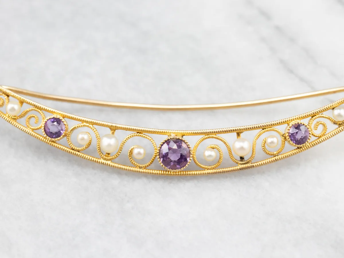 Amethyst and Pearl Crescent Moon Brooch