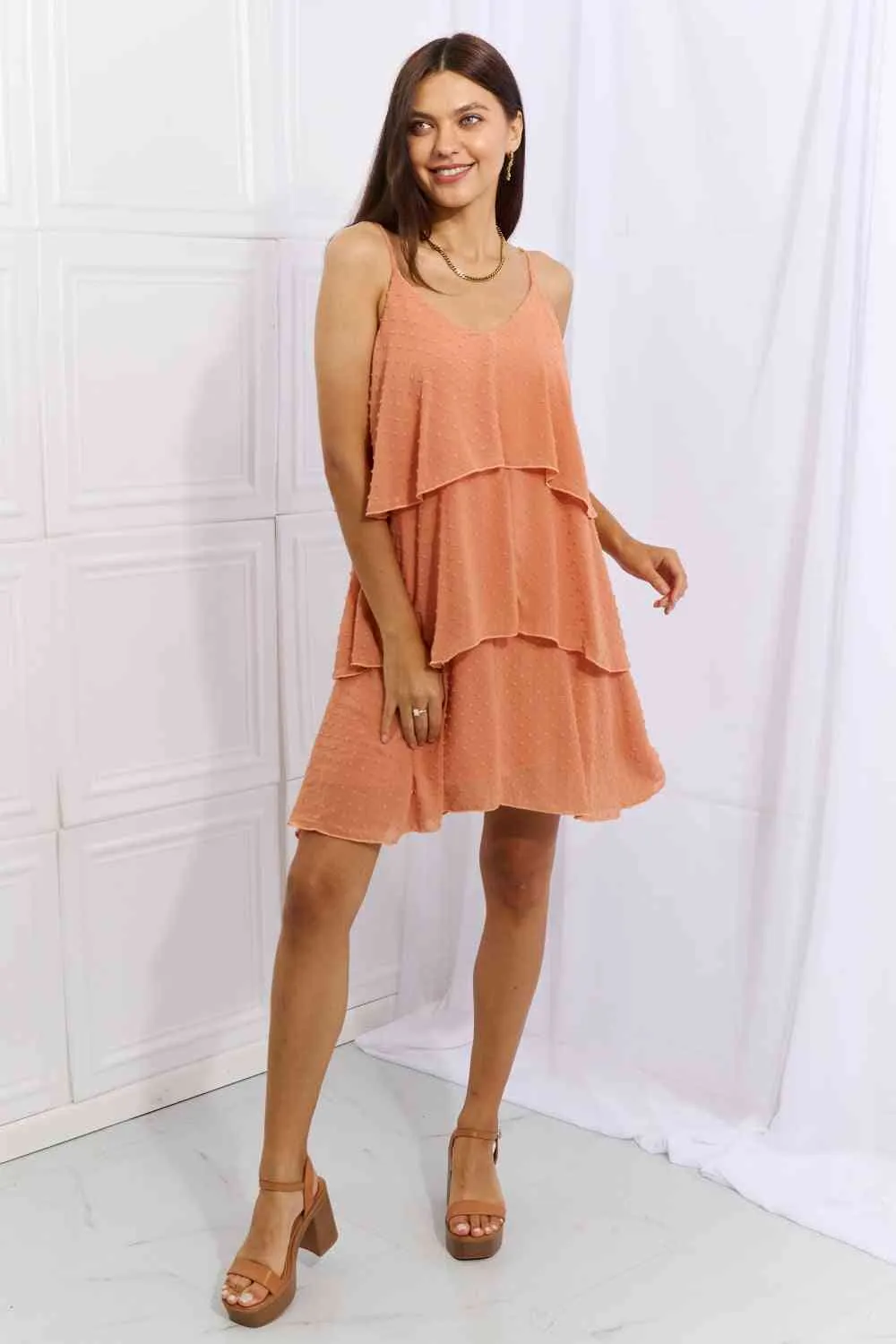 By The River Full Size Cascade Ruffle Style Cami Dress in Sherbet