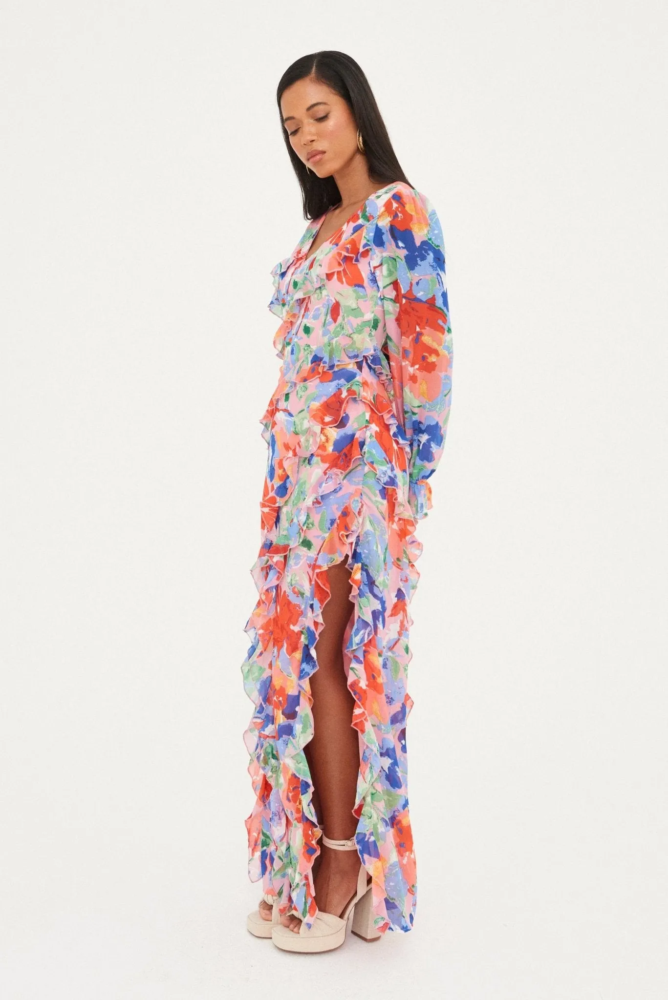 CHIFFON PRINTED RUFFLE  MAXI DRESS