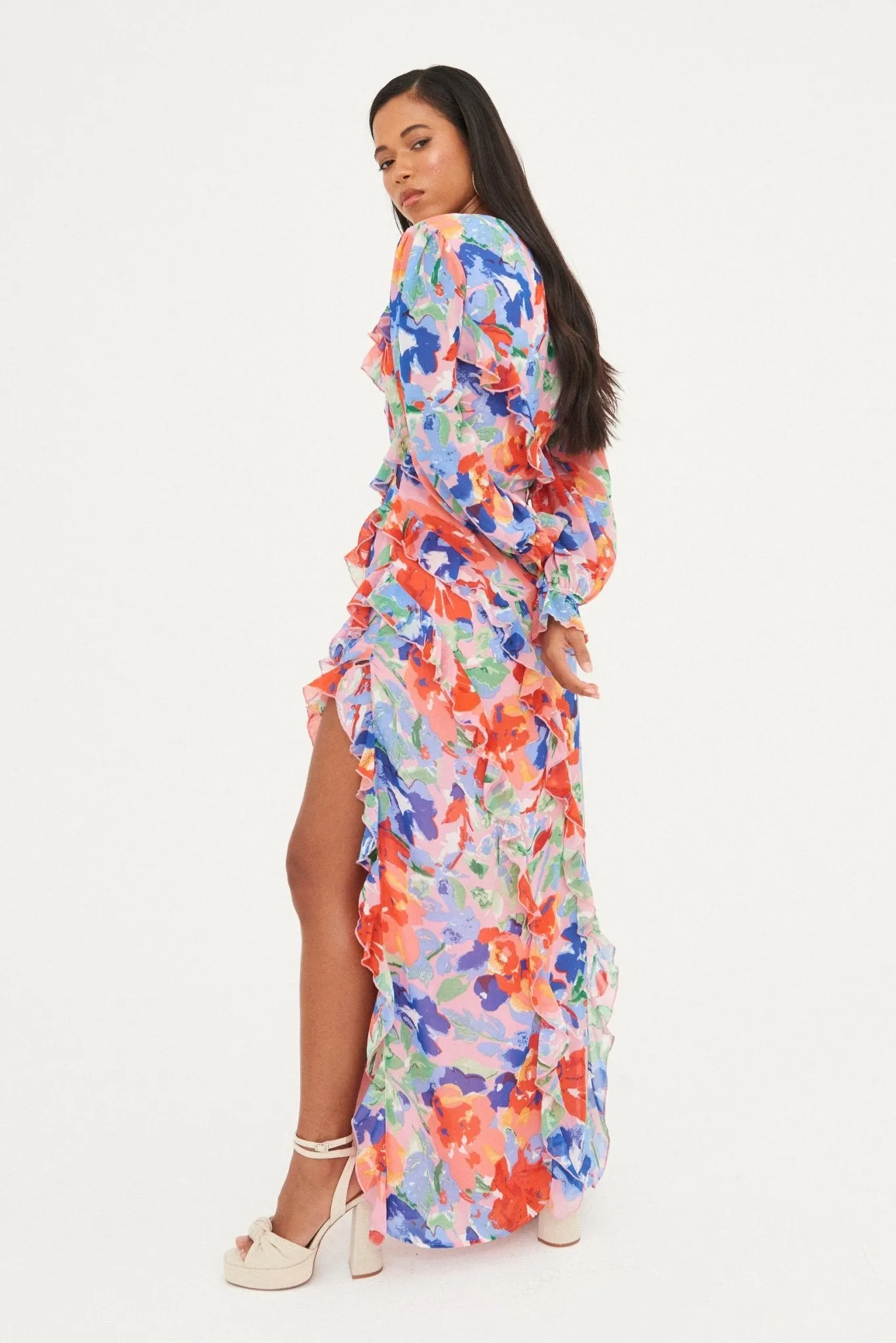 CHIFFON PRINTED RUFFLE  MAXI DRESS