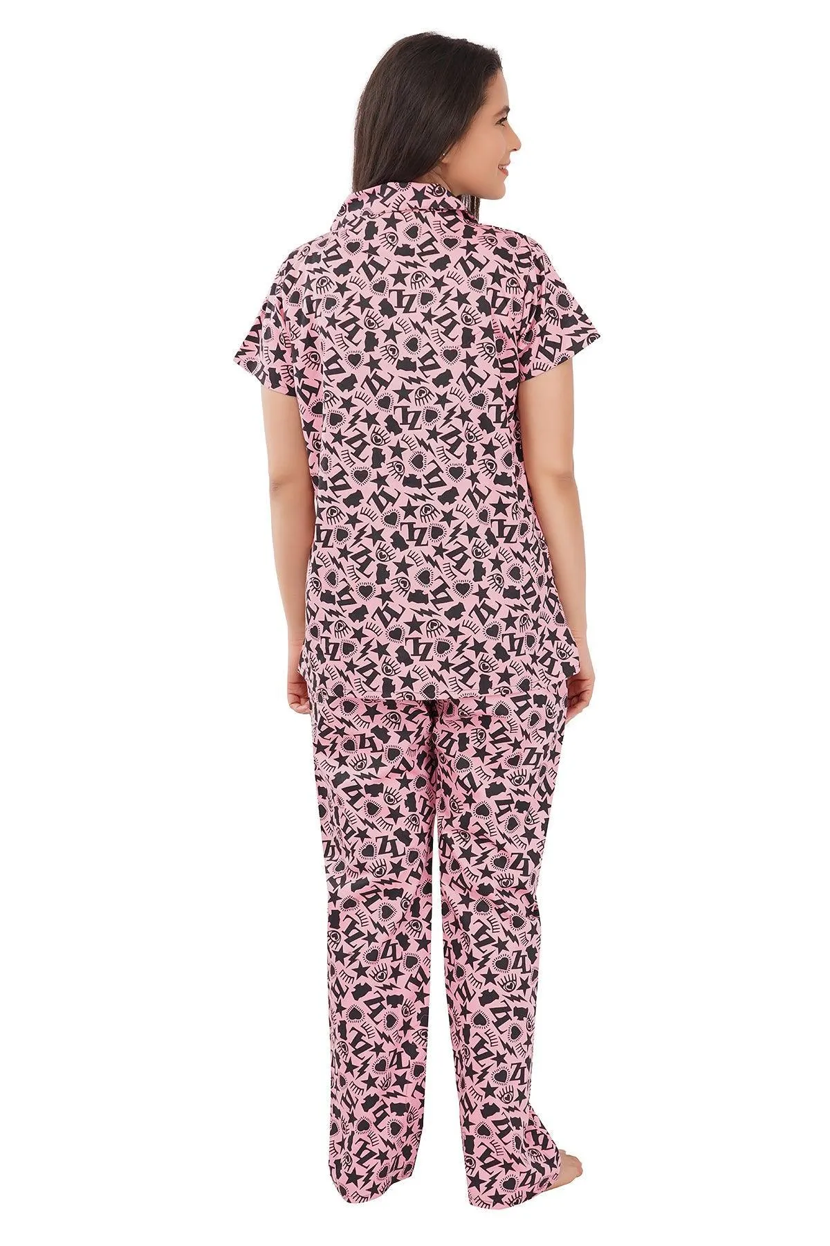 Designer Mart Women's Cotton Heart Printed Night Suit Set of Shirt & Pyjama