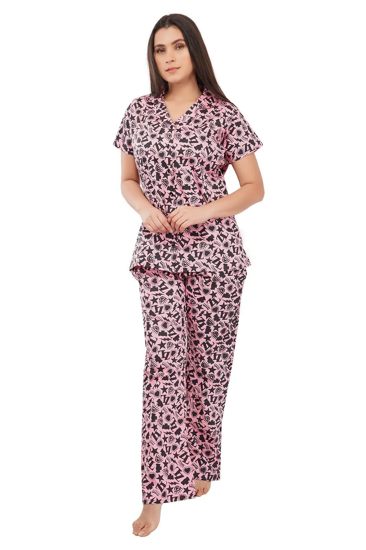 Designer Mart Women's Cotton Heart Printed Night Suit Set of Shirt & Pyjama