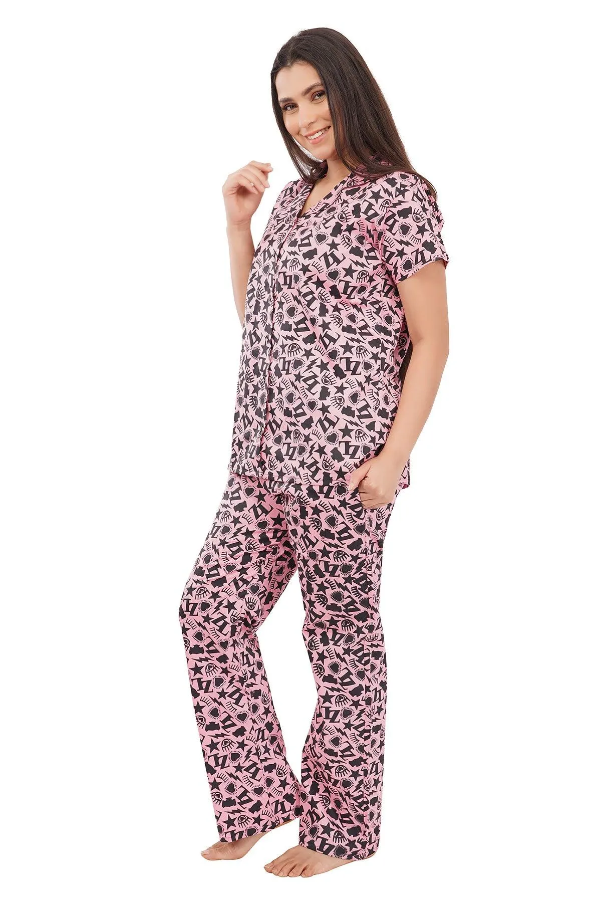 Designer Mart Women's Cotton Heart Printed Night Suit Set of Shirt & Pyjama