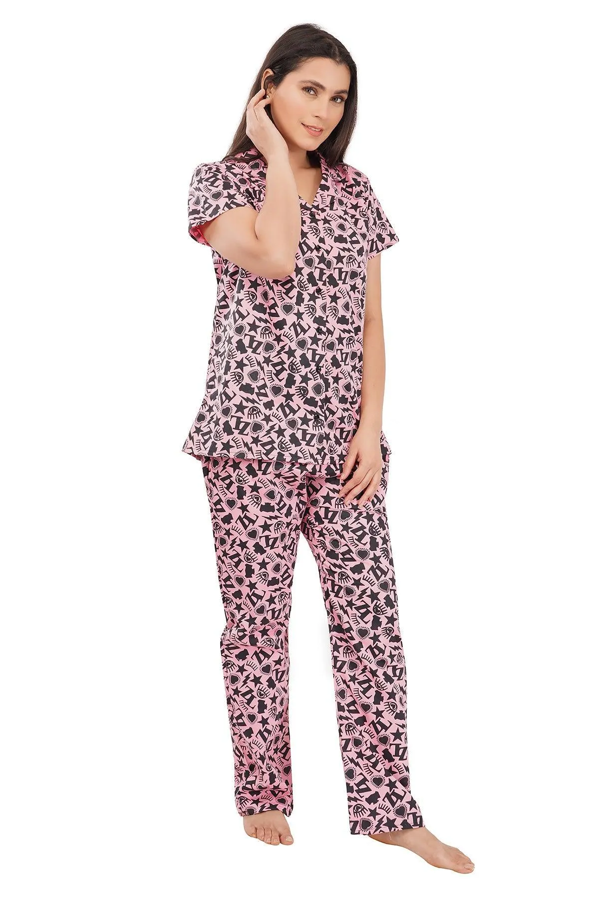 Designer Mart Women's Cotton Heart Printed Night Suit Set of Shirt & Pyjama