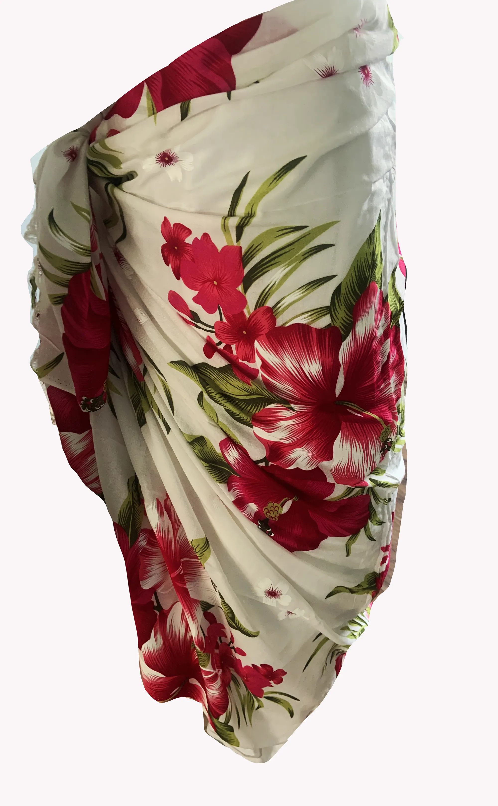 Elegant White Sarong with Red Flower Pattern  - Sophisticated Beach Cover-Up