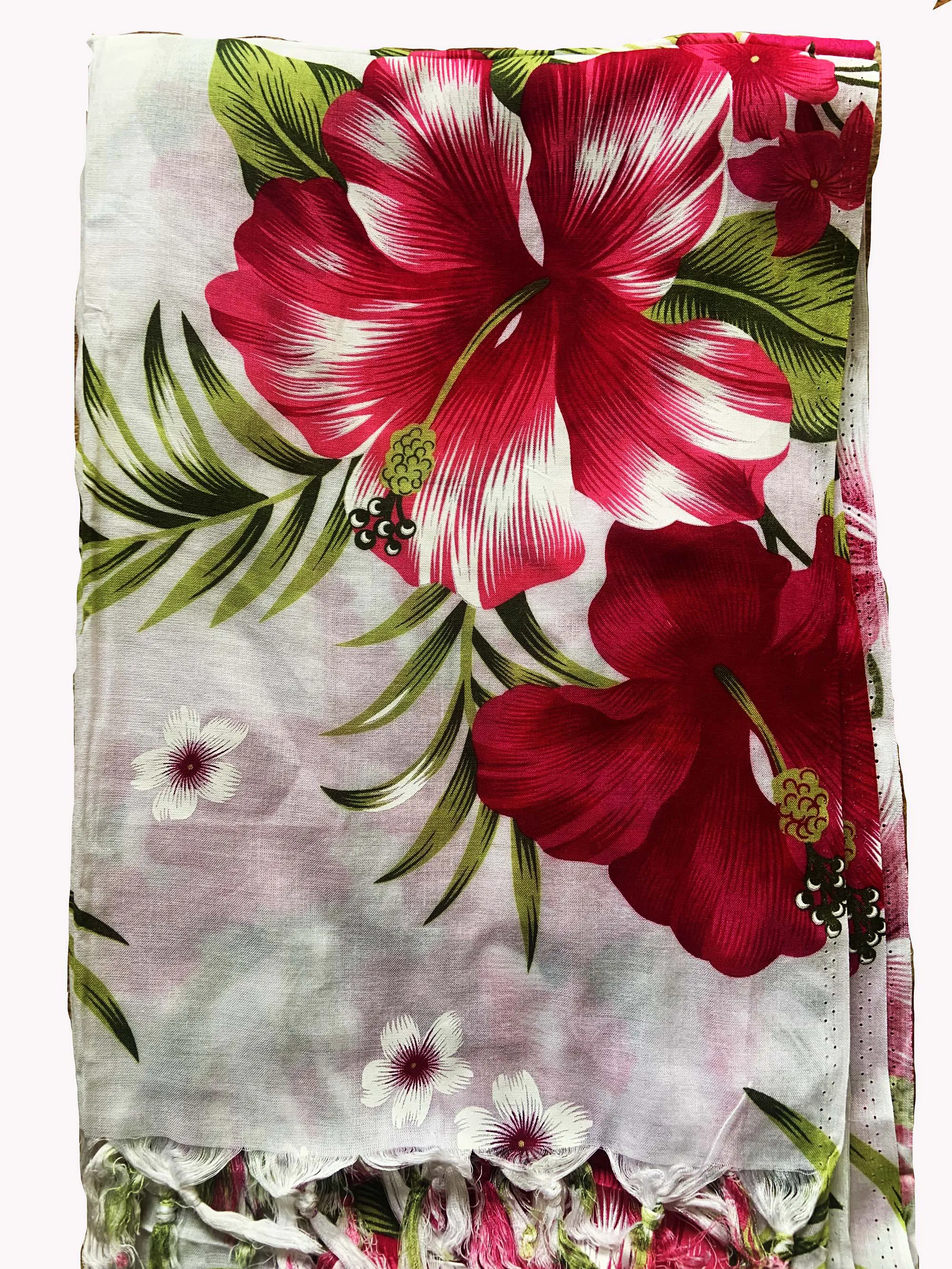 Elegant White Sarong with Red Flower Pattern  - Sophisticated Beach Cover-Up