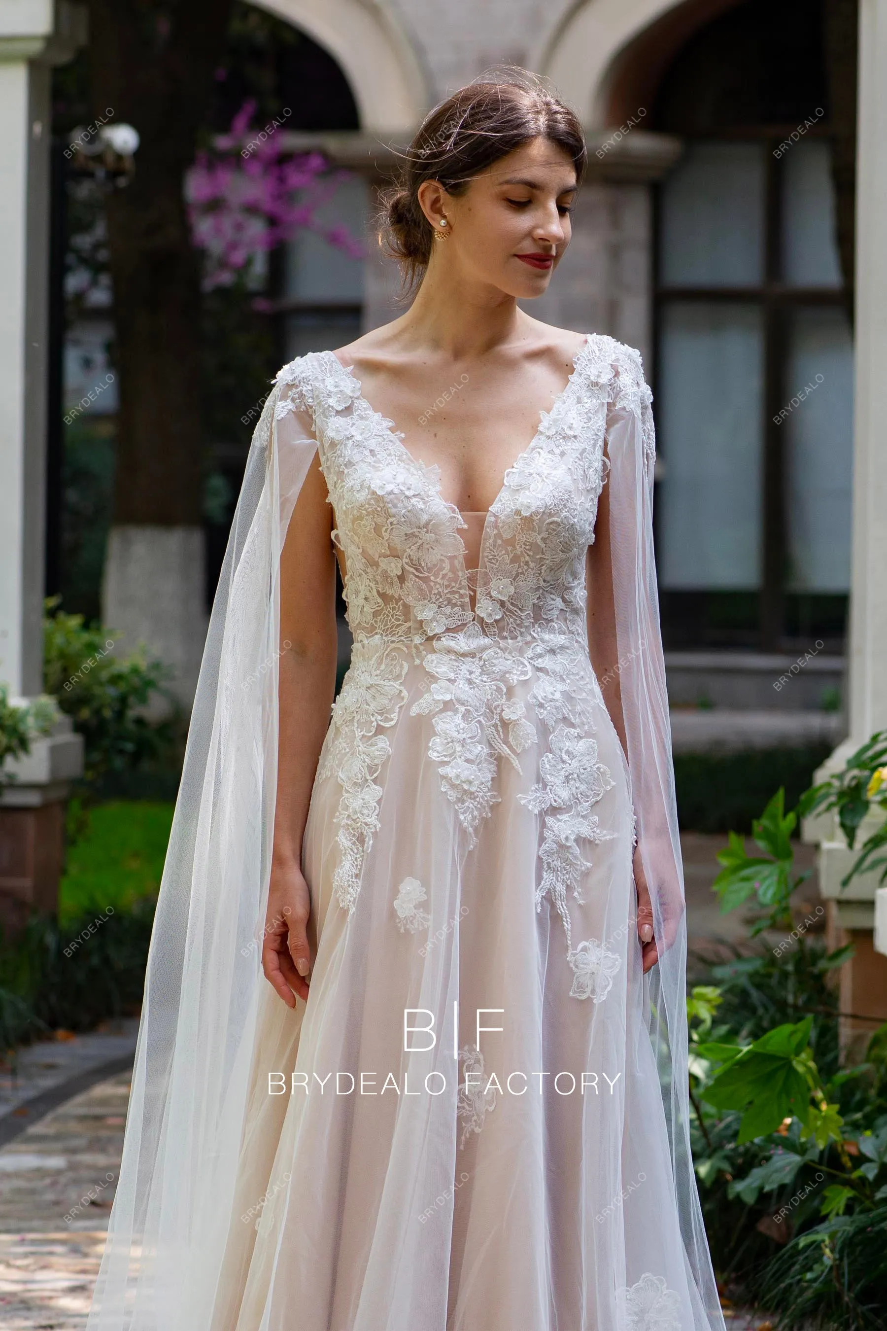 Ethereal 3D Flower Lace Detachable Shoulder Veil Wedding Dress