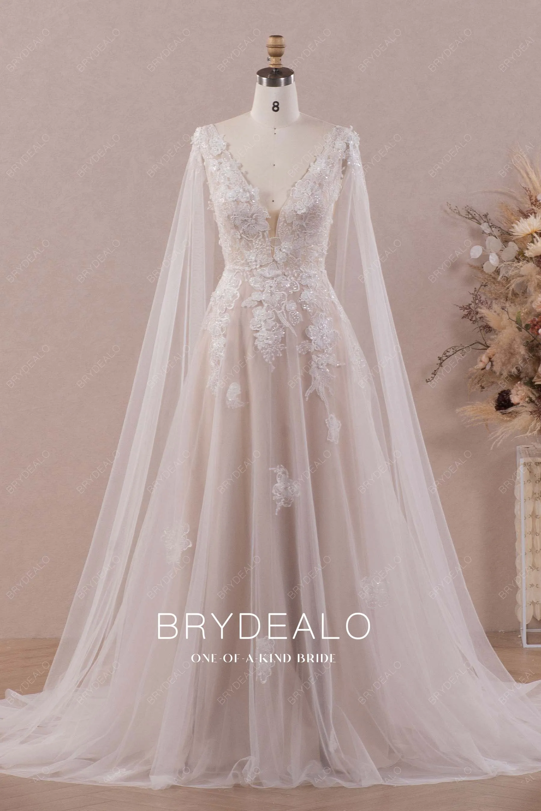 Ethereal 3D Flower Lace Detachable Shoulder Veil Wedding Dress