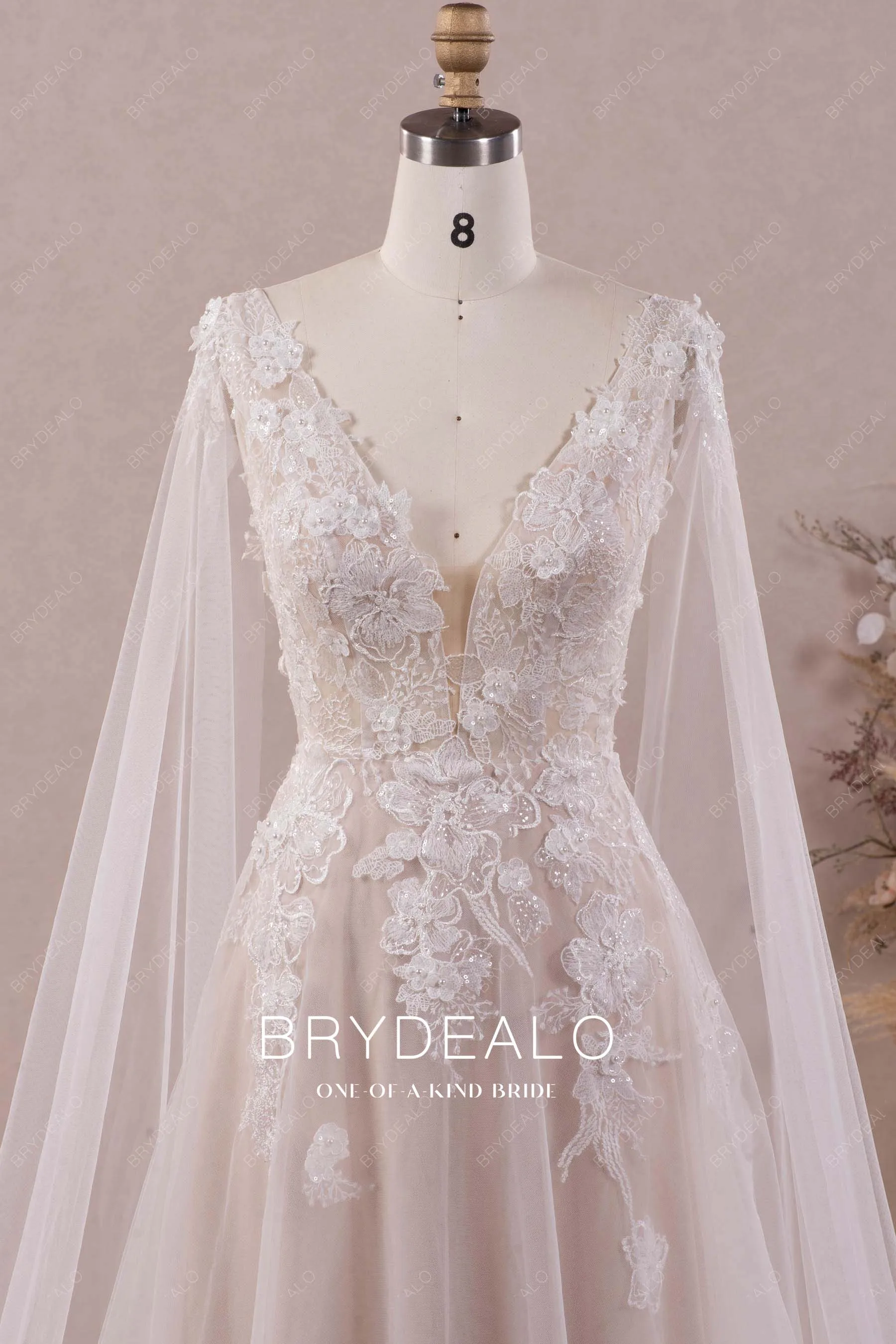 Ethereal 3D Flower Lace Detachable Shoulder Veil Wedding Dress