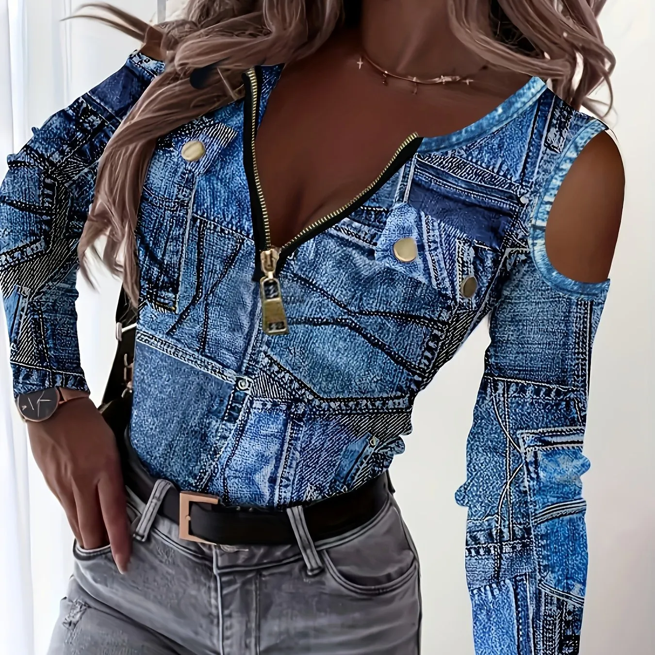 Faux Denim Cold Shoulder TShirt Stylish Zipper Tee for Women