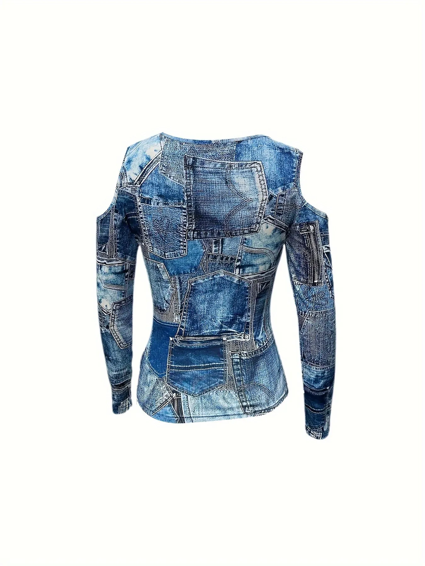 Faux Denim Cold Shoulder TShirt Stylish Zipper Tee for Women