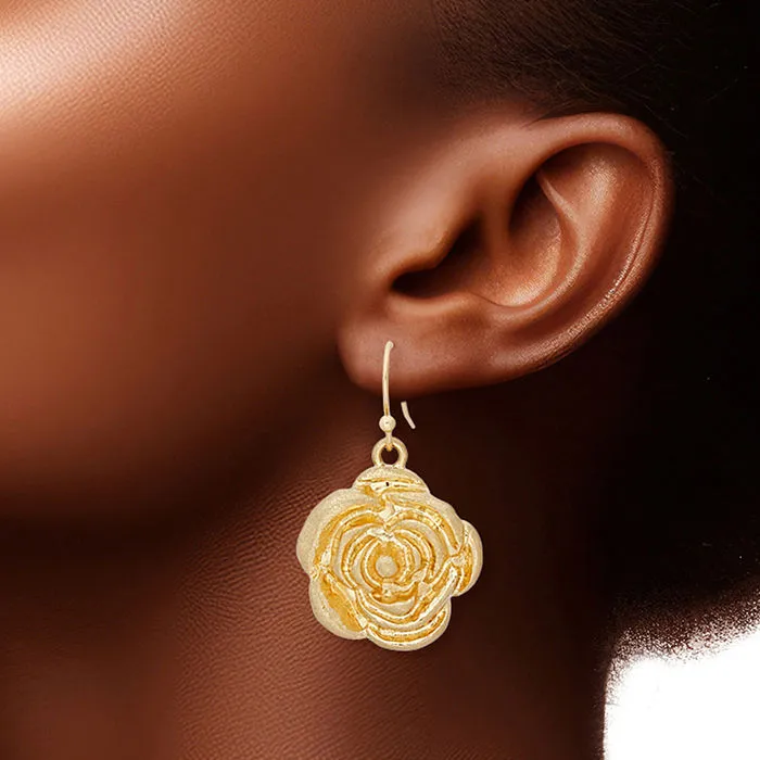 Fish Hooks Burnished Gold Rose Charm Earrings