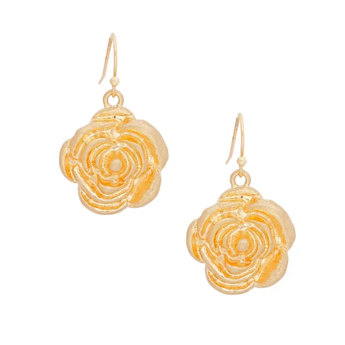 Fish Hooks Burnished Gold Rose Charm Earrings