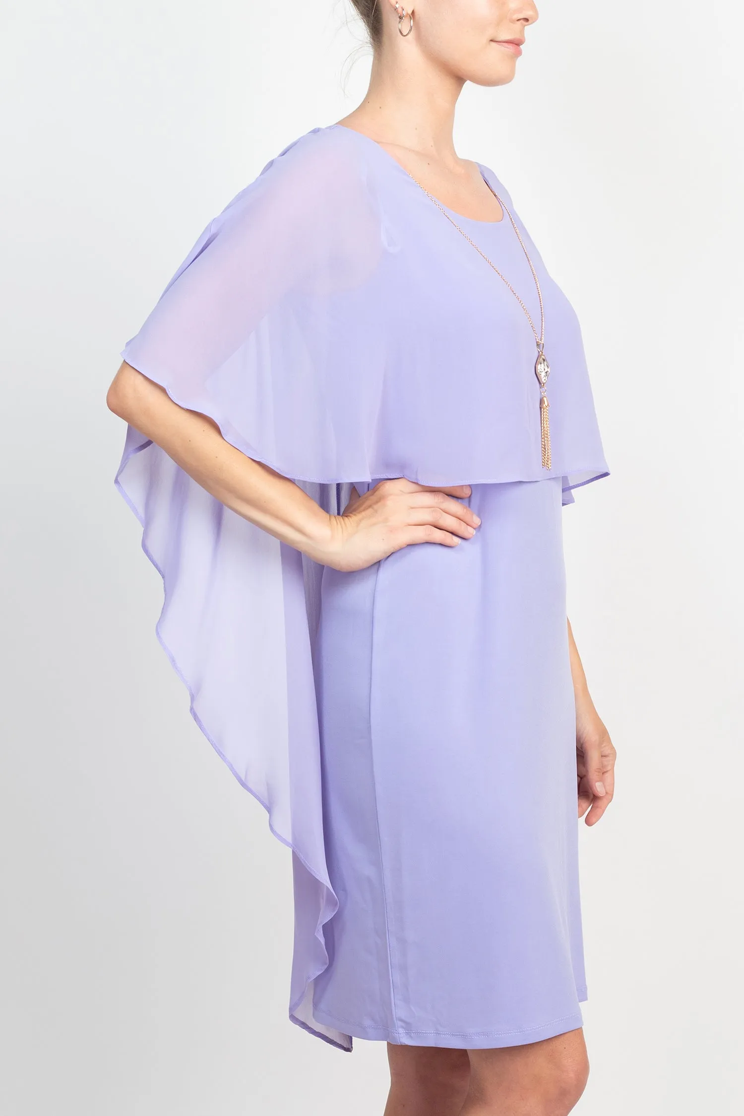 Glamour Scoop Neck Chiffon Cape Short Sleeve ITY Dress