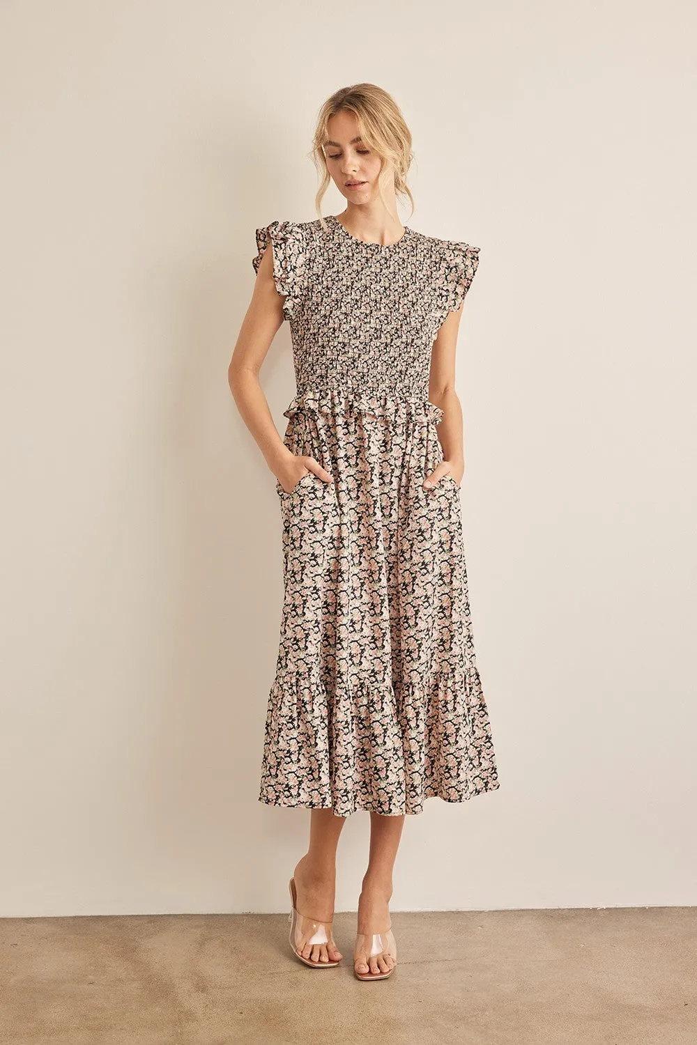 In February Floral Smocked Ruffled Midi Dress