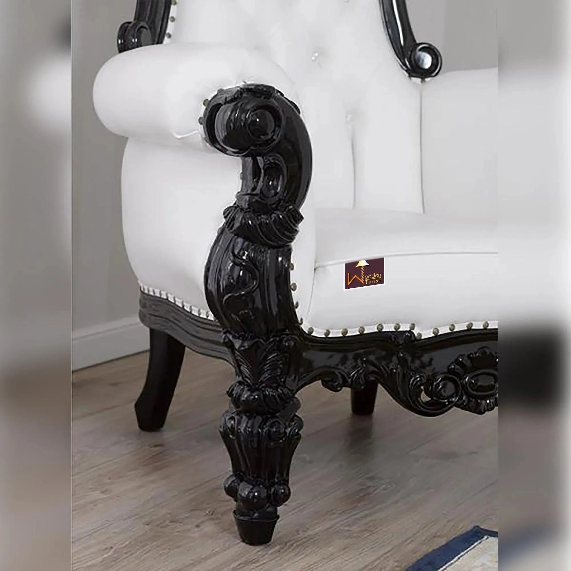 Luxurious High Back throne Silver Leaf & Buttons Chair (Black)