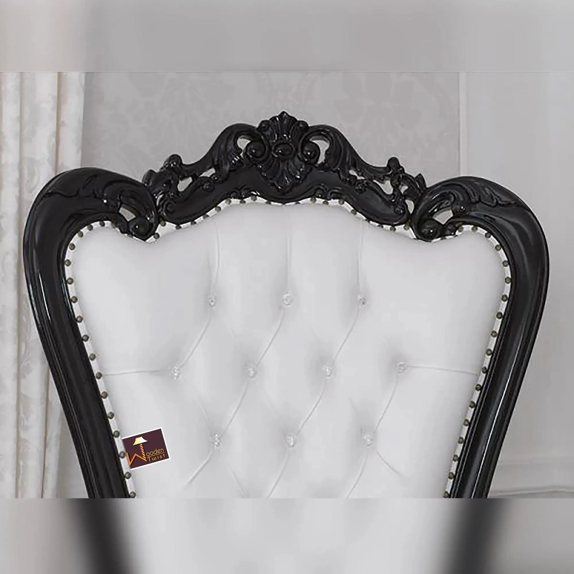 Luxurious High Back throne Silver Leaf & Buttons Chair (Black)