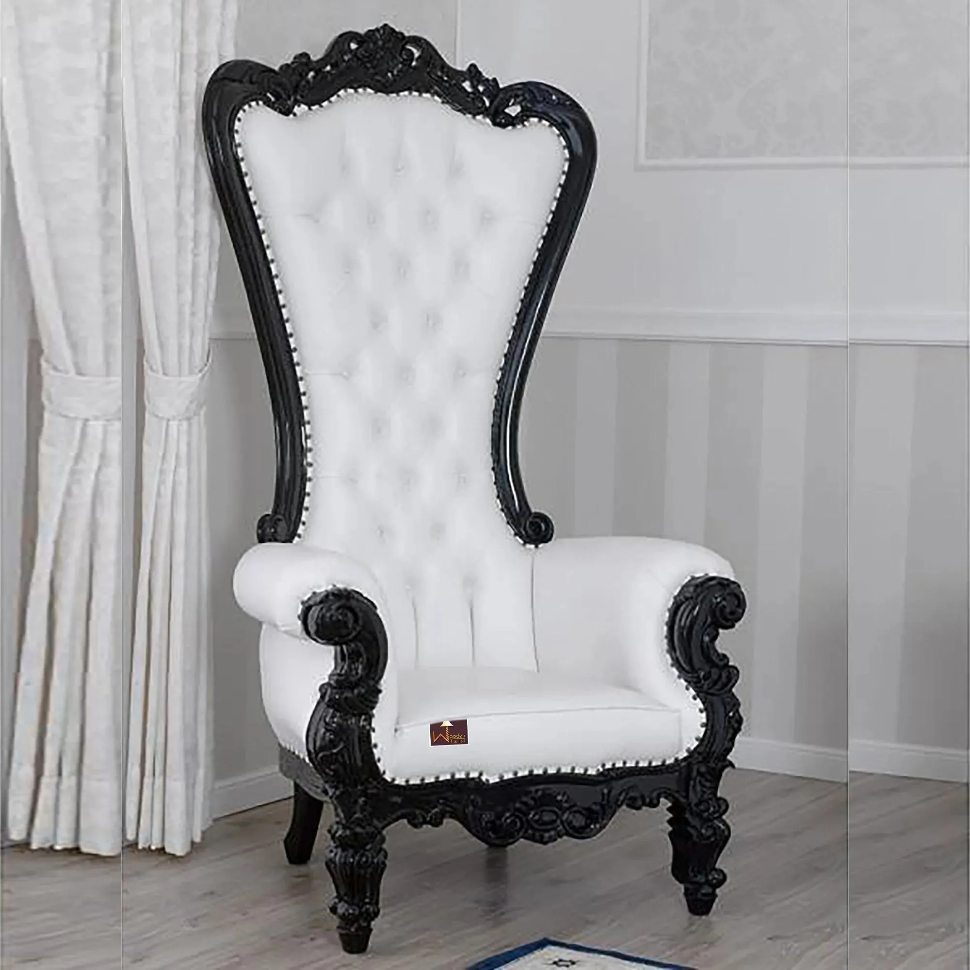 Luxurious High Back throne Silver Leaf & Buttons Chair (Black)