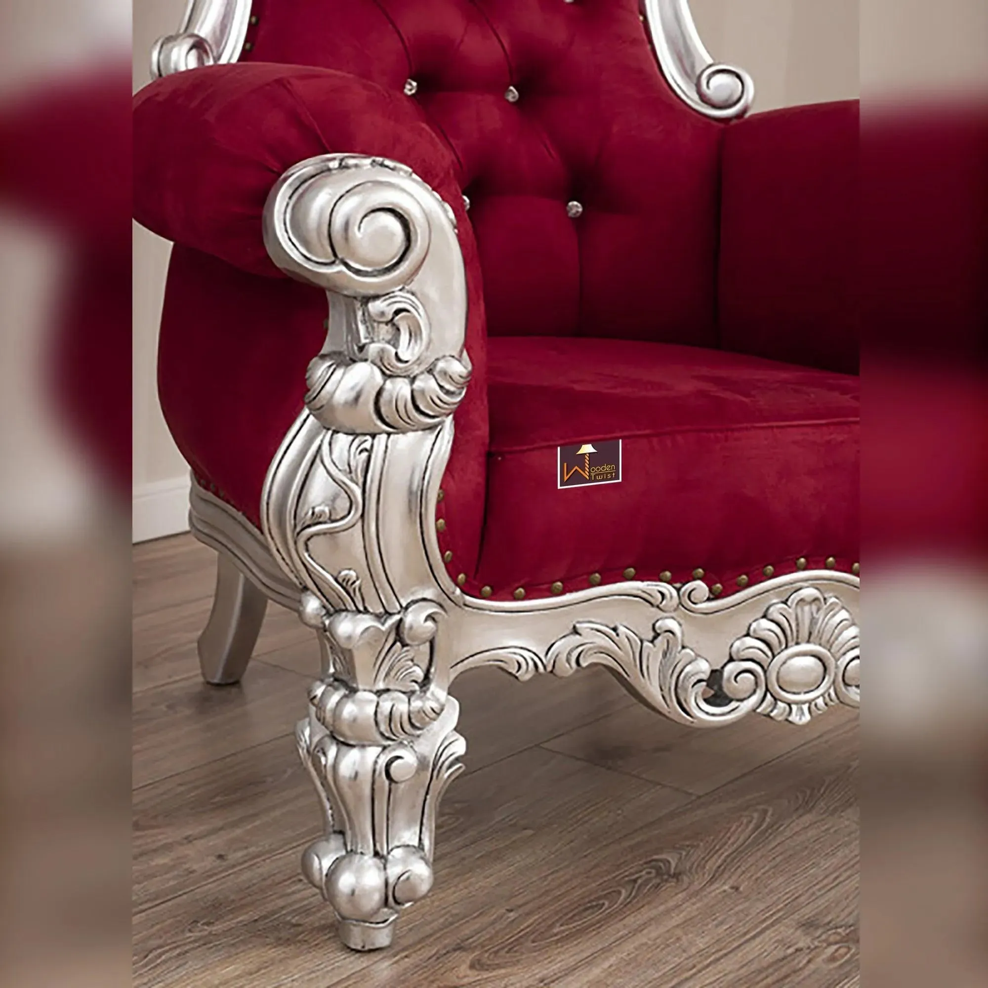 Luxurious High Back throne Silver leaf velvet Chair (Burgundy)