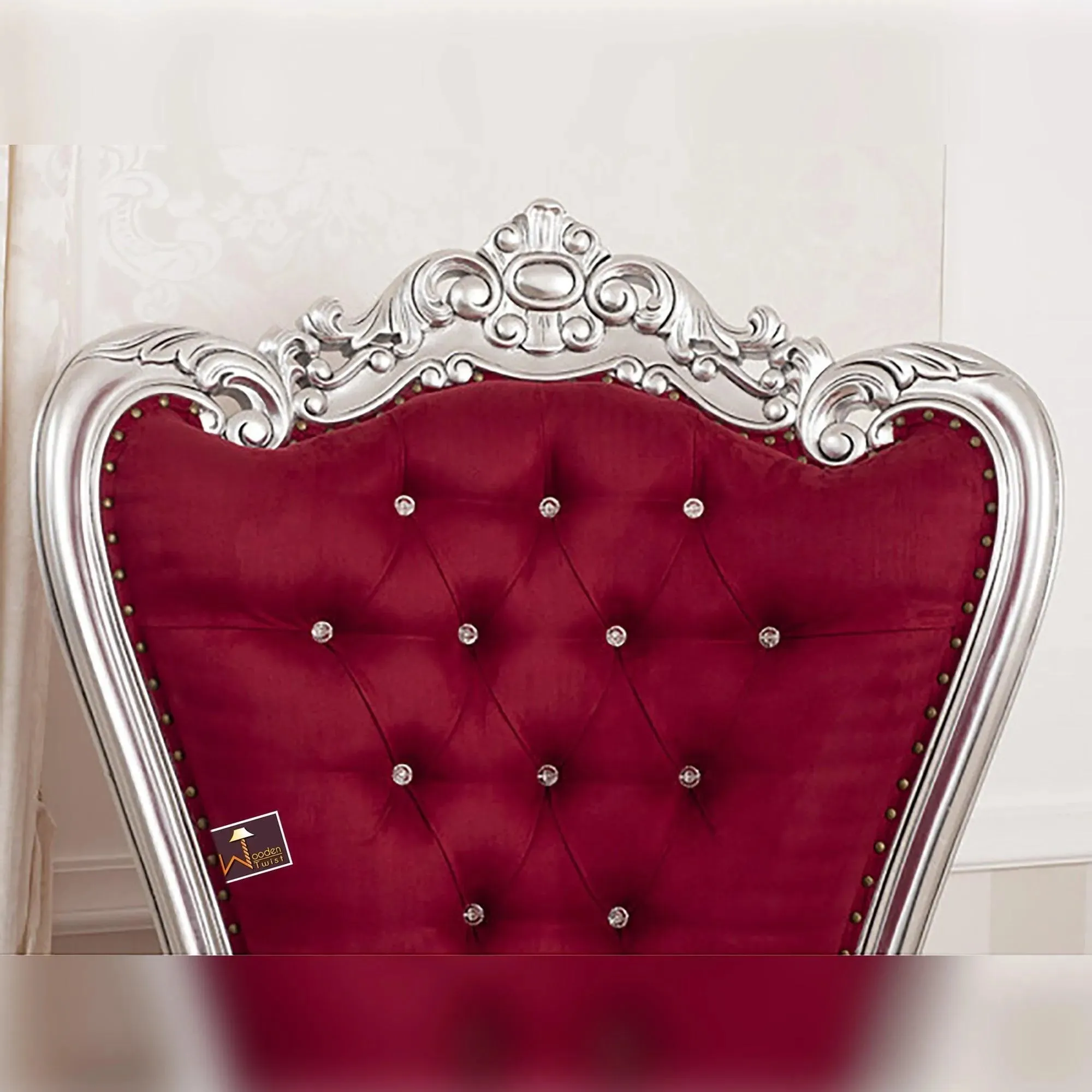 Luxurious High Back throne Silver leaf velvet Chair (Burgundy)