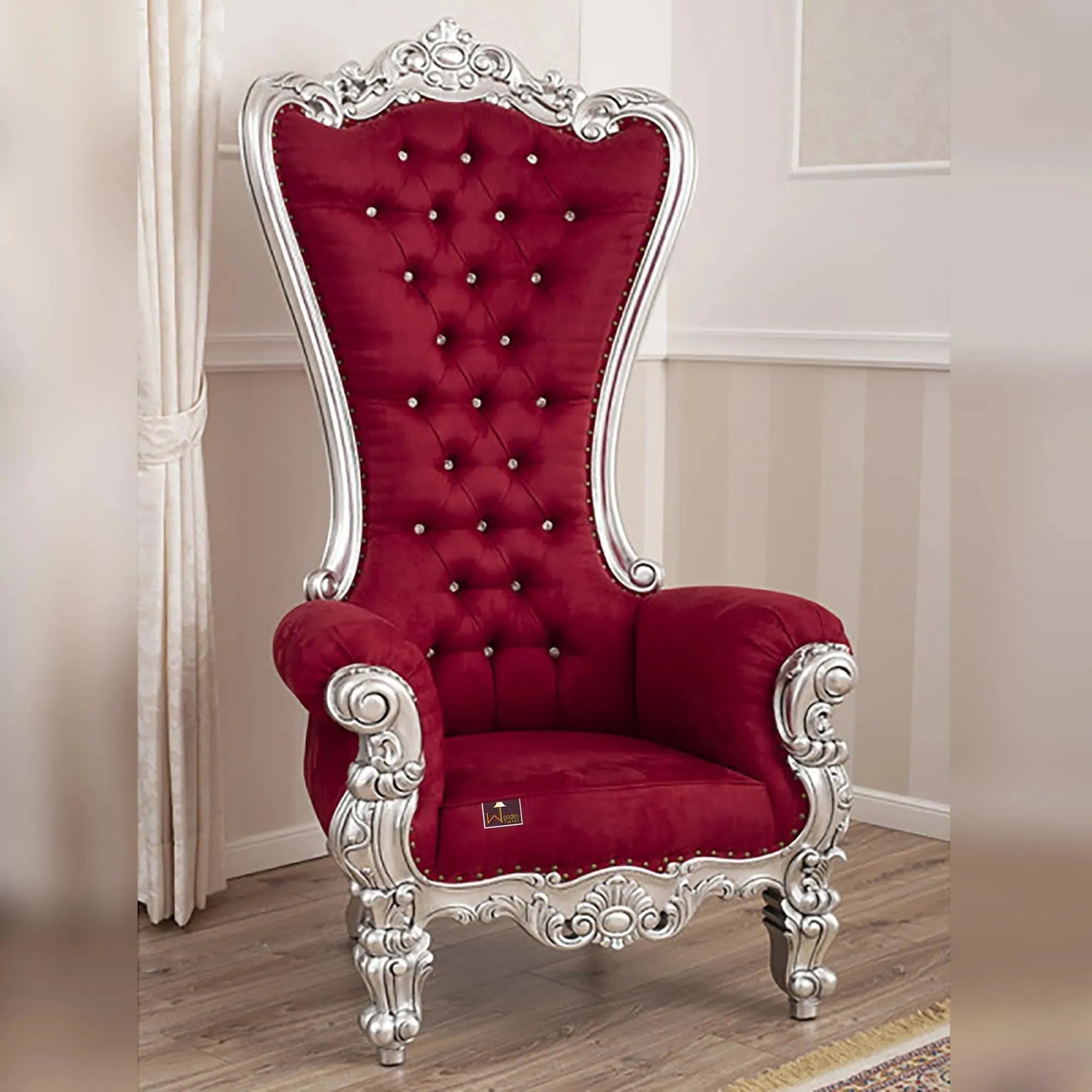 Luxurious High Back throne Silver leaf velvet Chair (Burgundy)