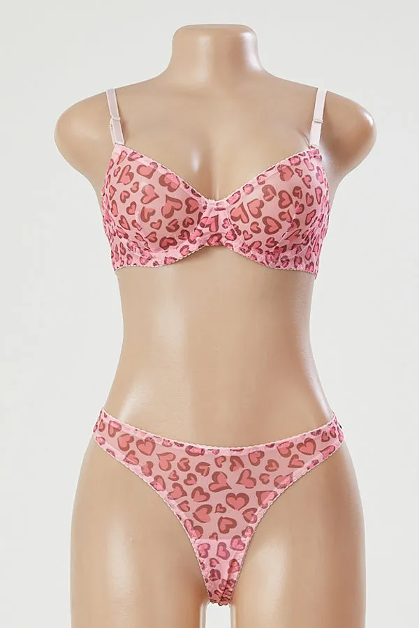 Pink Heart Mesh Print Bra and Thong Set