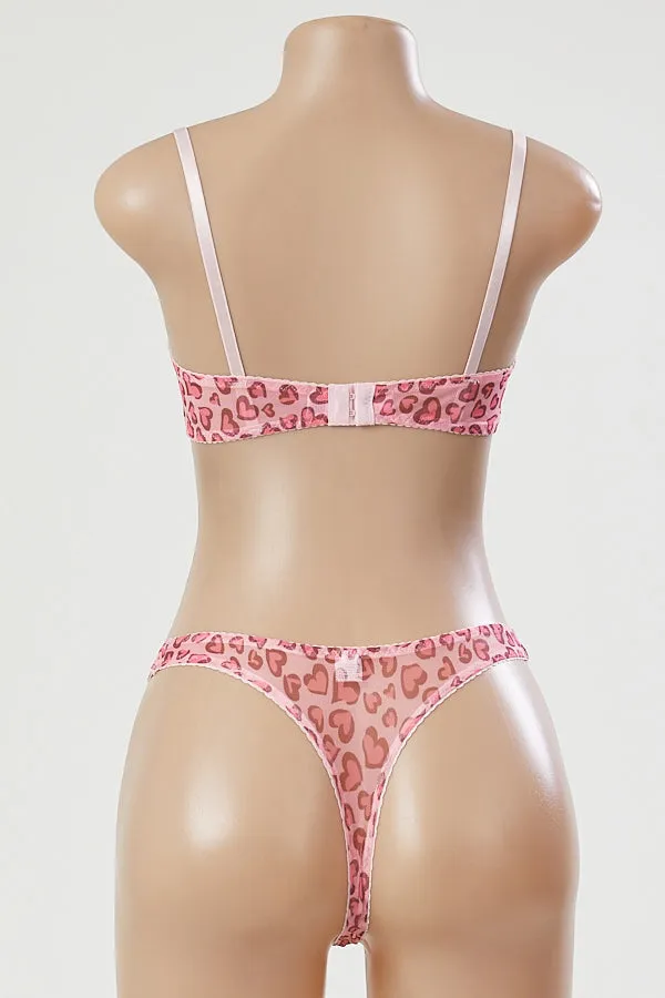 Pink Heart Mesh Print Bra and Thong Set