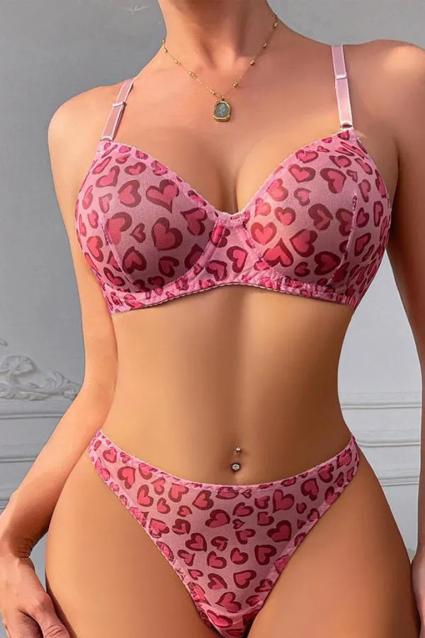 Pink Heart Mesh Print Bra and Thong Set