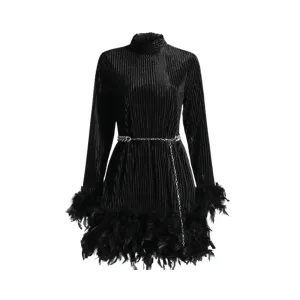 Pre Order:  Solid Patchwork Feather Long Sleeve High Waist Dress