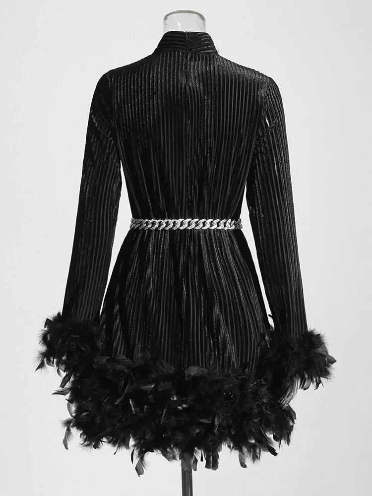 Pre Order:  Solid Patchwork Feather Long Sleeve High Waist Dress