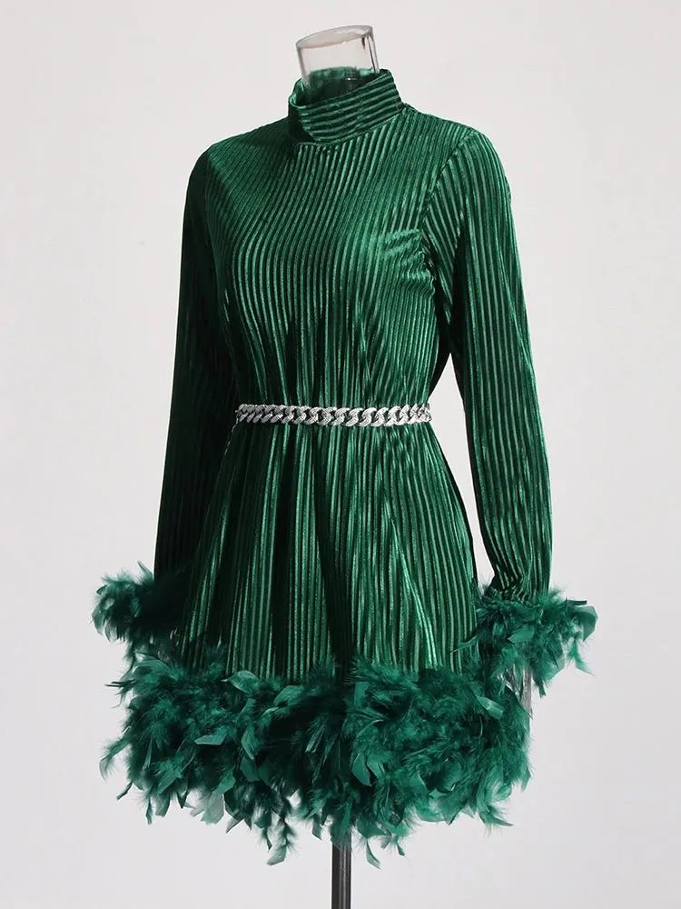 Pre Order:  Solid Patchwork Feather Long Sleeve High Waist Dress