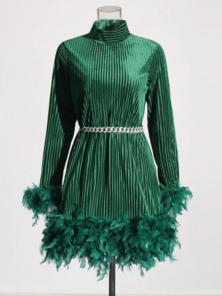 Pre Order:  Solid Patchwork Feather Long Sleeve High Waist Dress