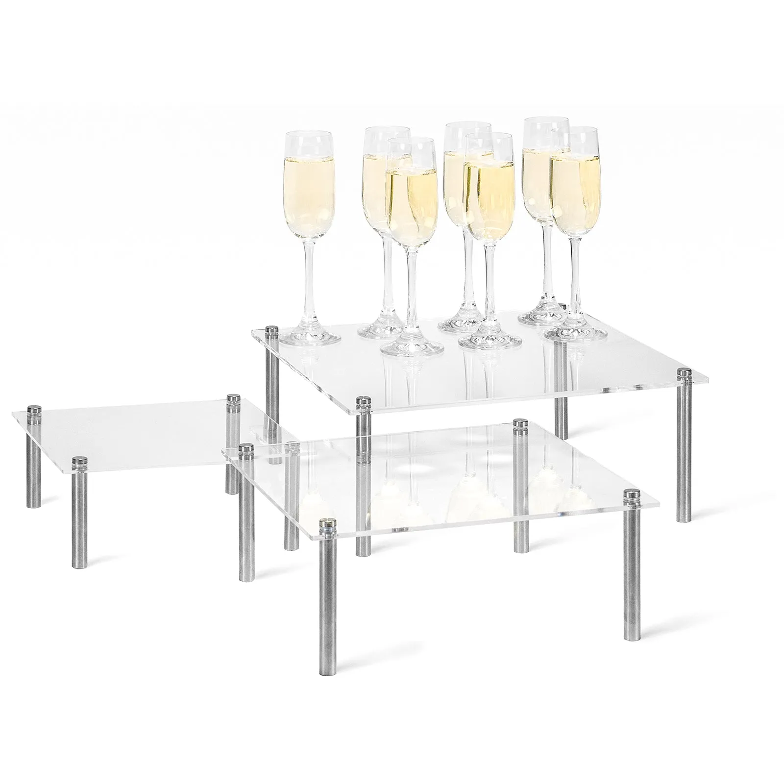 Red Co. Set of 3 (8”, 10”, 12”) Square Clear Acrylic Tabletop Display Risers with Silver Metal Legs