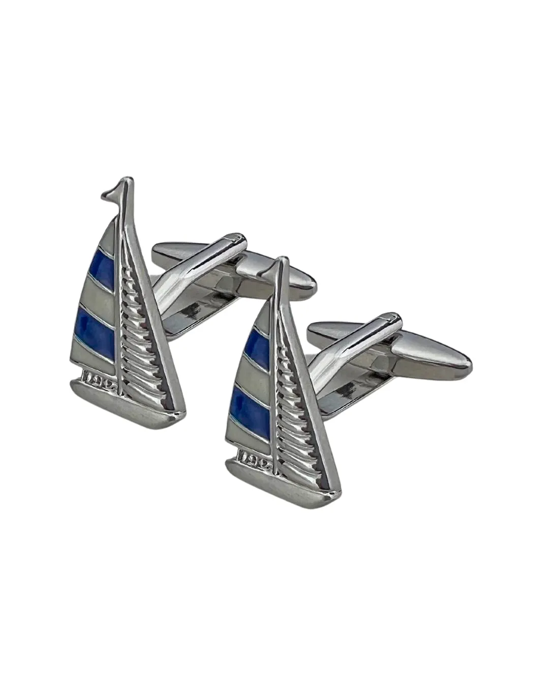 Rhodium And Enamel Blue Sail Boat Cufflinks