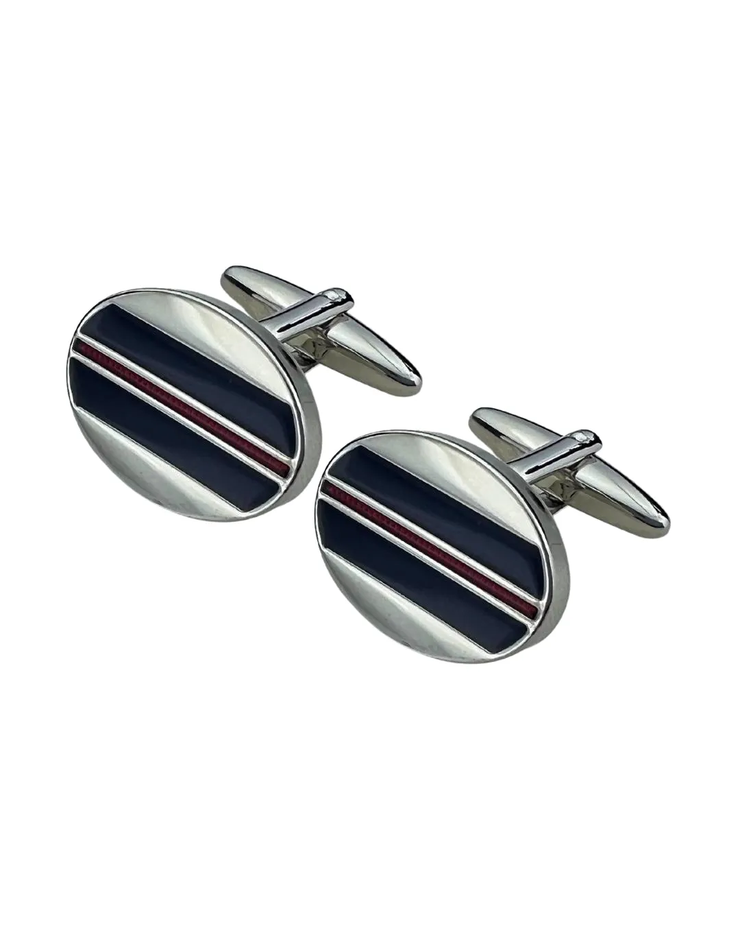 Rhodium Oval Cufflinks With Horizontal Navy Enamel Stripes