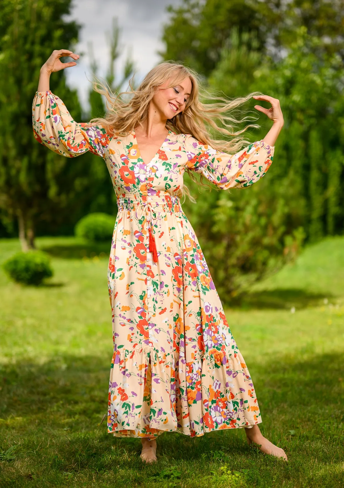 Simona Orange Flowers Garden Dress