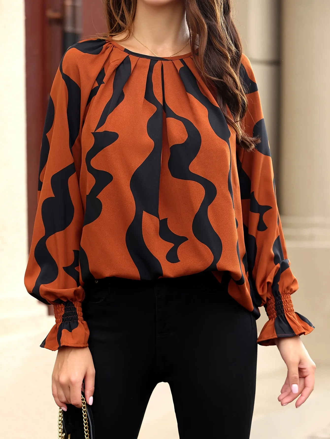 Stylish Allover Print Crew Neck Blouse for Women