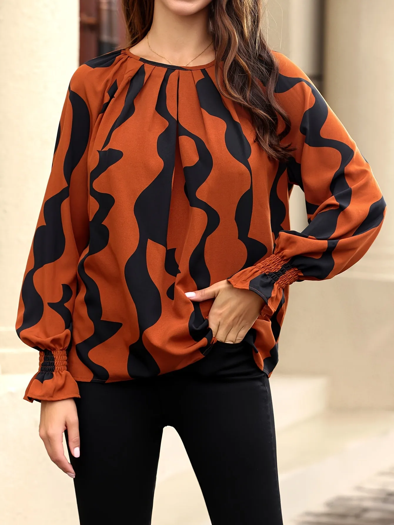 Stylish Allover Print Crew Neck Blouse for Women