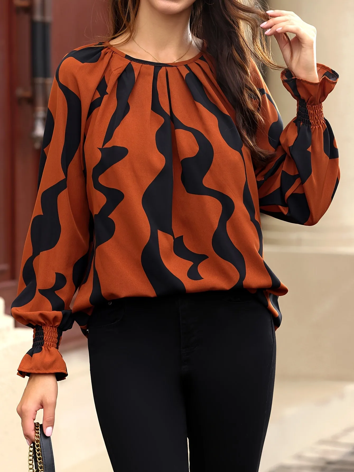 Stylish Allover Print Crew Neck Blouse for Women