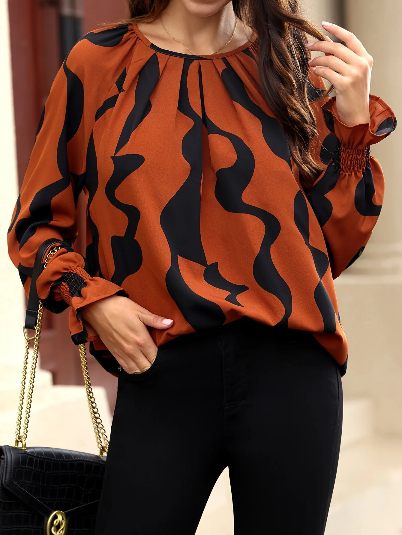 Stylish Allover Print Crew Neck Blouse for Women