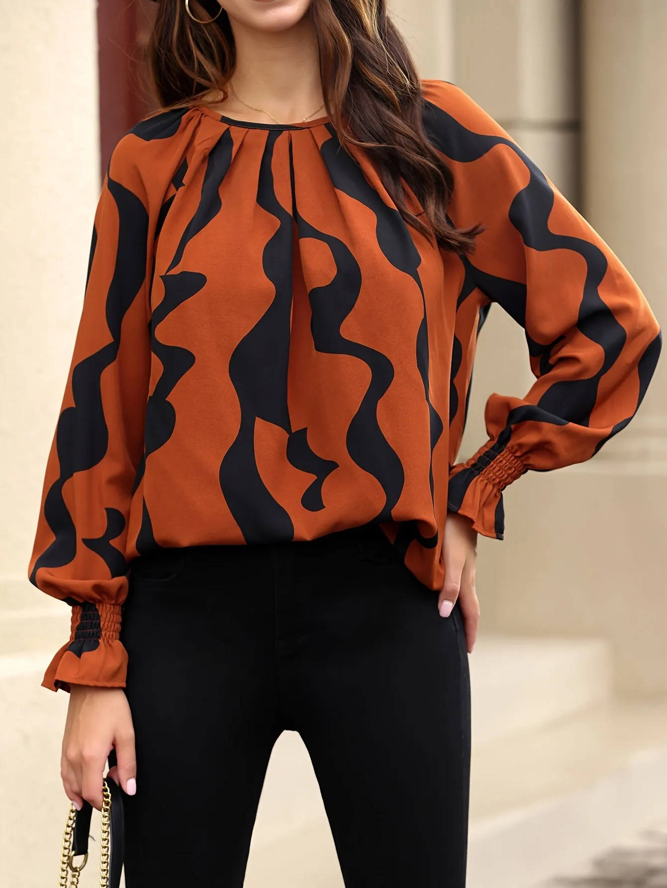 Stylish Allover Print Crew Neck Blouse for Women