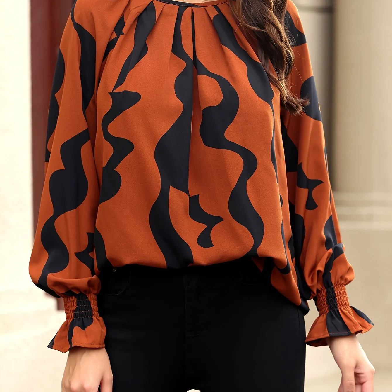 Stylish Allover Print Crew Neck Blouse for Women